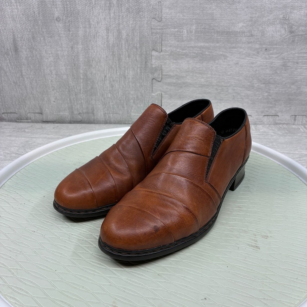 Rieker Pleated Loafers Women's 7.5 Brown Leather Slip On Block Heel 0473122049